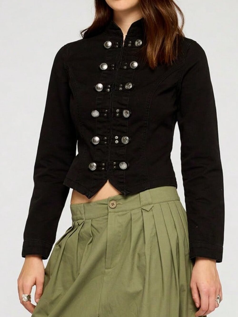 Black Casual Women's Dark Wash Denim Military Fitted Jacket - Picture 5 of 5